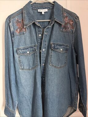 Jessica Simpson Light Blue Denim Button-Down Shirt with Floral Embroidery